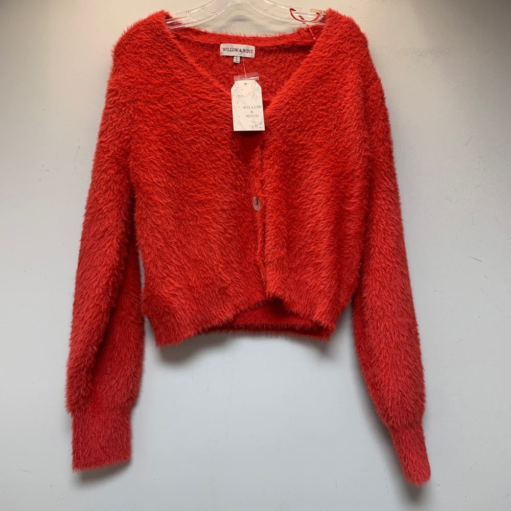 Willow & Wind Cardigan Womens Small Red NEW Fuzzy Eyelash Knit Cropped V-Neck